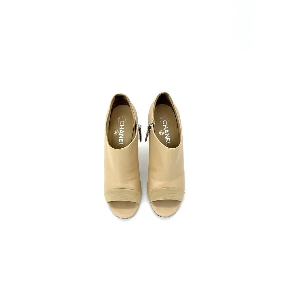 Chanel Peep Toe Bootie EU 39 US 9 Beige Nude Leather with Faux Pearl Embellish